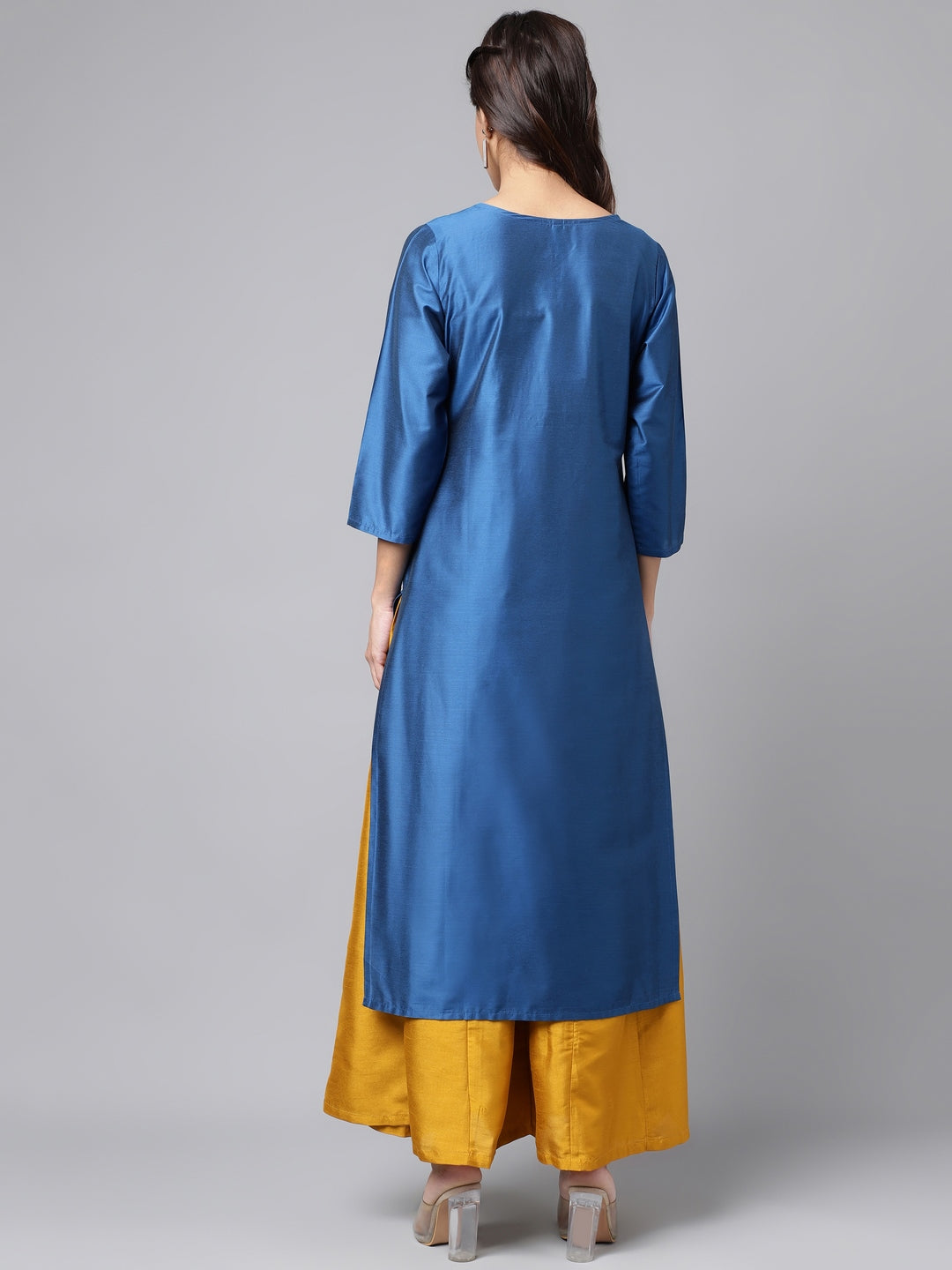 Janasya Women's Blue Poly Silk Solid Festive Straight Kurta | Grocsy