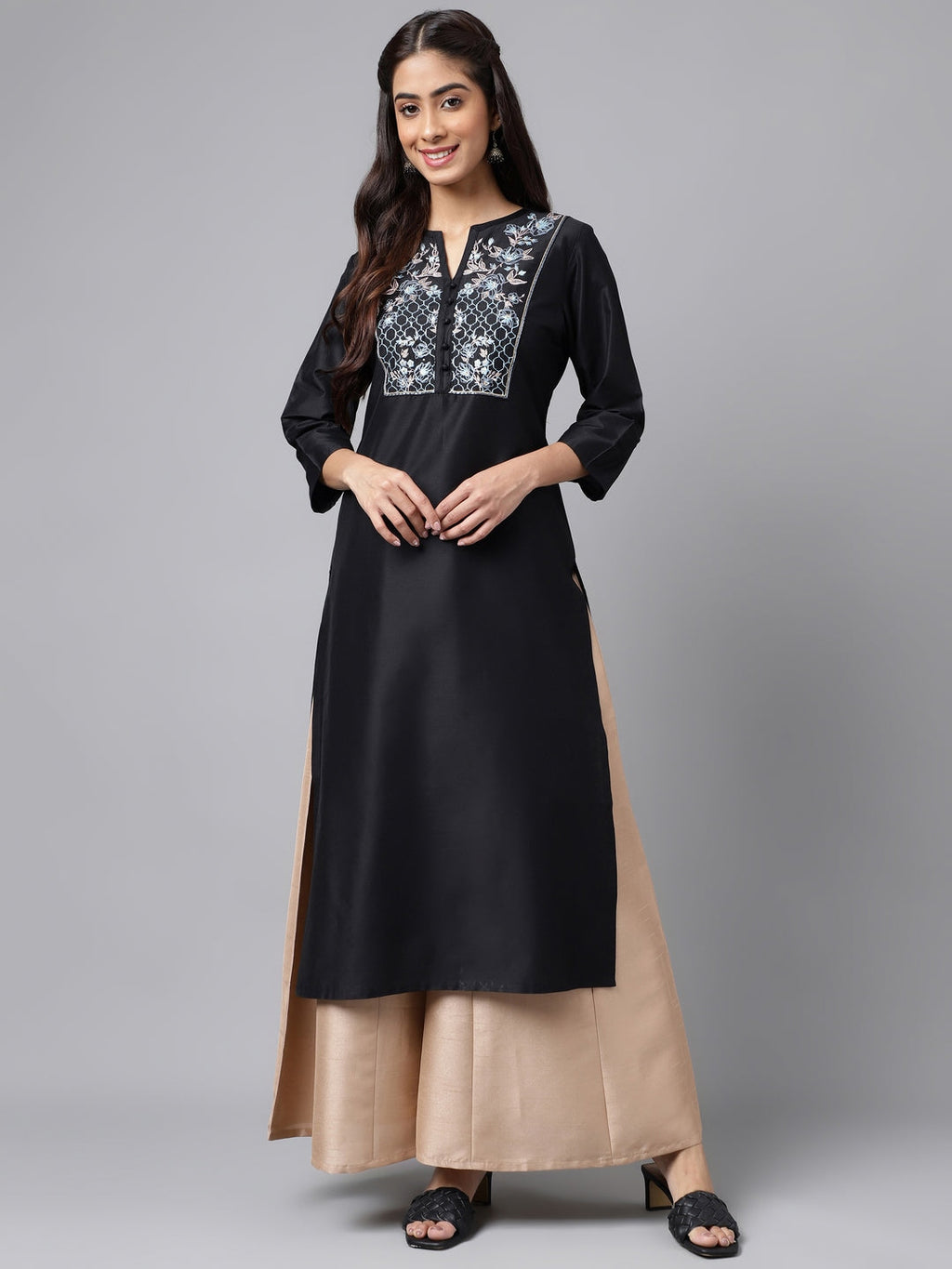 Janasya Women's Black Poly Silk Solid Festive Straight Kurta | Grocsy
