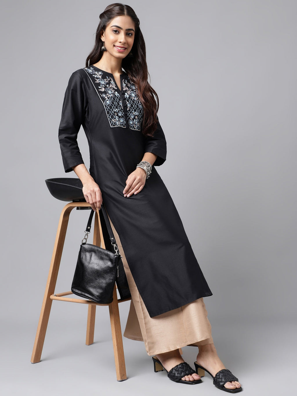 Janasya Women's Black Poly Silk Solid Festive Straight Kurta | Grocsy