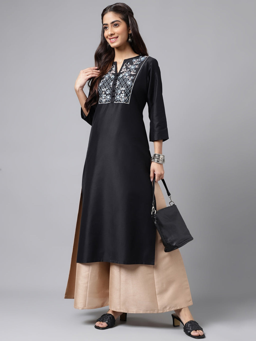 Janasya Women's Black Poly Silk Solid Festive Straight Kurta | Grocsy