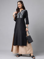 Janasya Women's Black Poly Silk Solid Festive Straight Kurta | Grocsy
