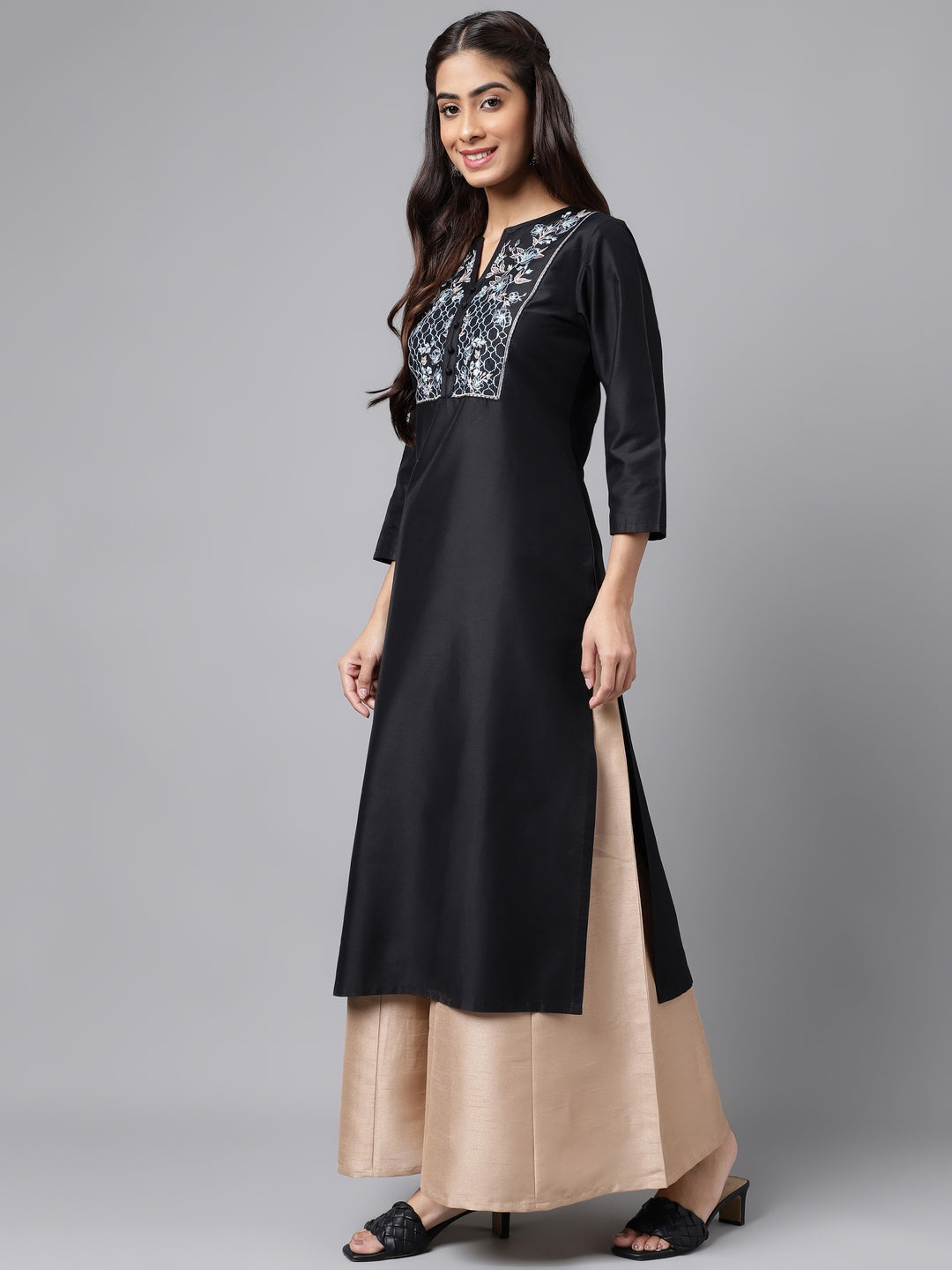 Janasya Women's Black Poly Silk Solid Festive Straight Kurta | Grocsy