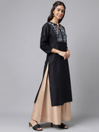 Janasya Women's Black Poly Silk Solid Festive Straight Kurta | Grocsy