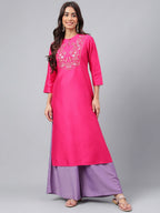 Janasya Women's Pink Poly Silk Solid Festive Straight Kurta | Grocsy
