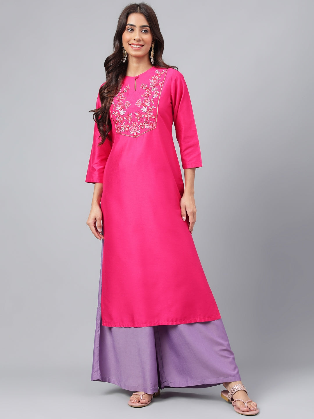 Janasya Women's Pink Poly Silk Solid Festive Straight Kurta | Grocsy