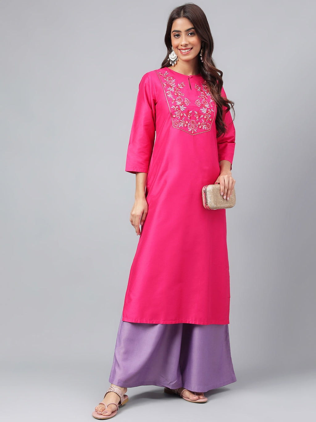 Janasya Women's Pink Poly Silk Solid Festive Straight Kurta | Grocsy