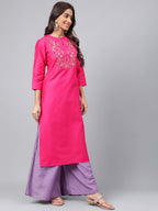 Janasya Women's Pink Poly Silk Solid Festive Straight Kurta | Grocsy