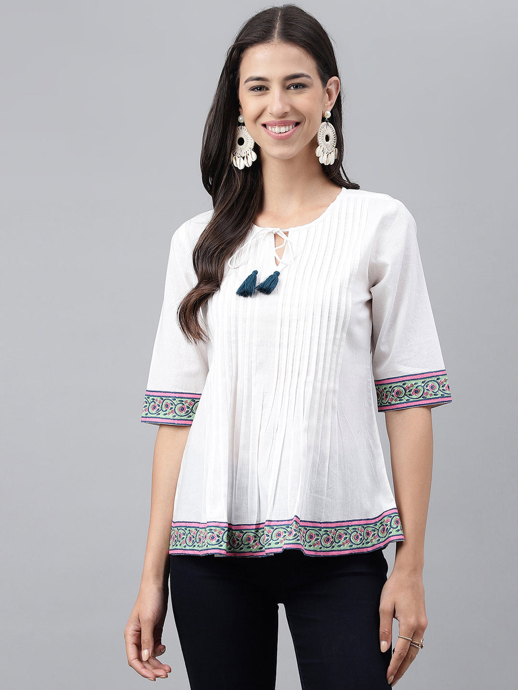 Janasya Women's White Cotton Solid Casual A-Line Top | Grocsy