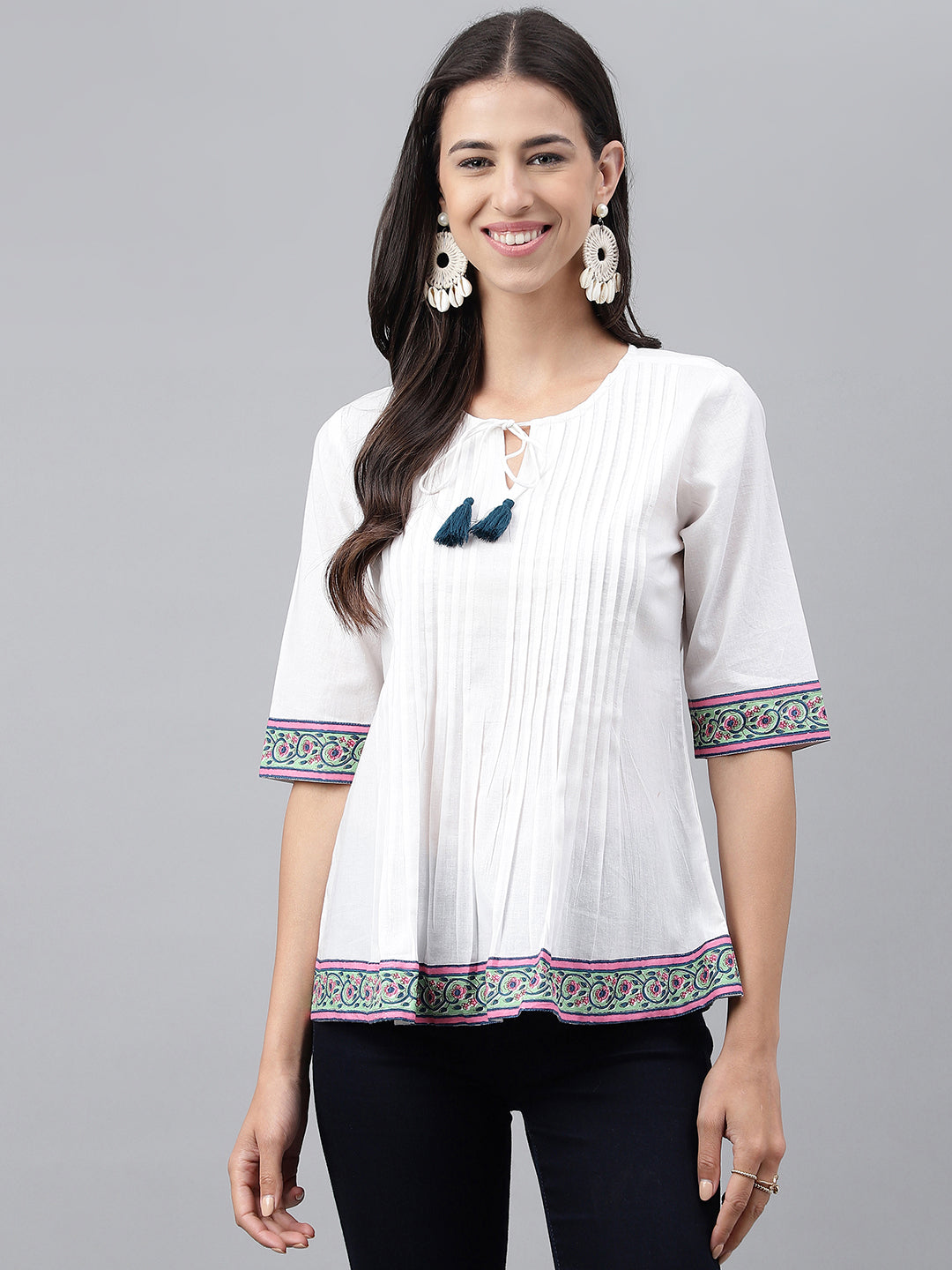 Janasya Women's White Cotton Solid Casual A-Line Top | Grocsy