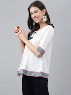 Janasya Women's White Cotton Solid Casual A-Line Top | Grocsy