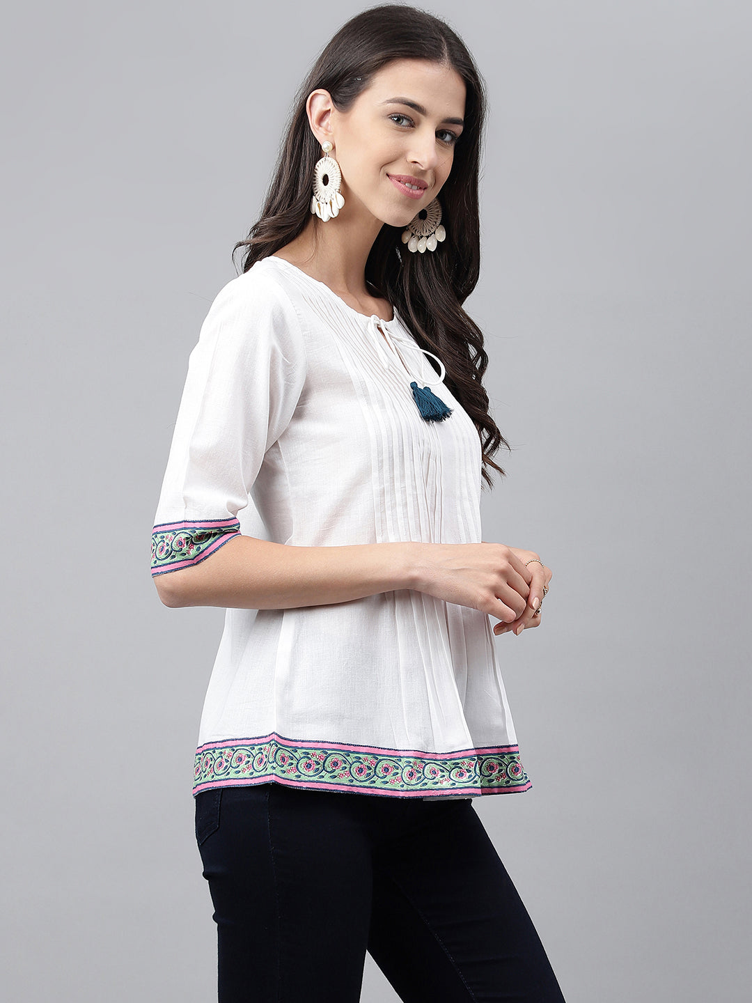 Janasya Women's White Cotton Solid Casual A-Line Top | Grocsy