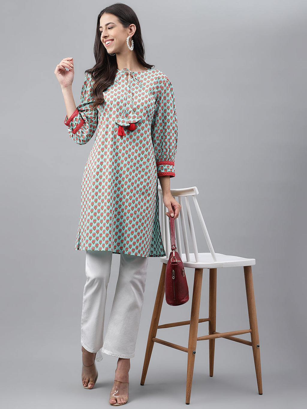 Indian Clothing Janasya Women's Light Green Cotton Floral Printed Casual Regular Tunic | Grocsy