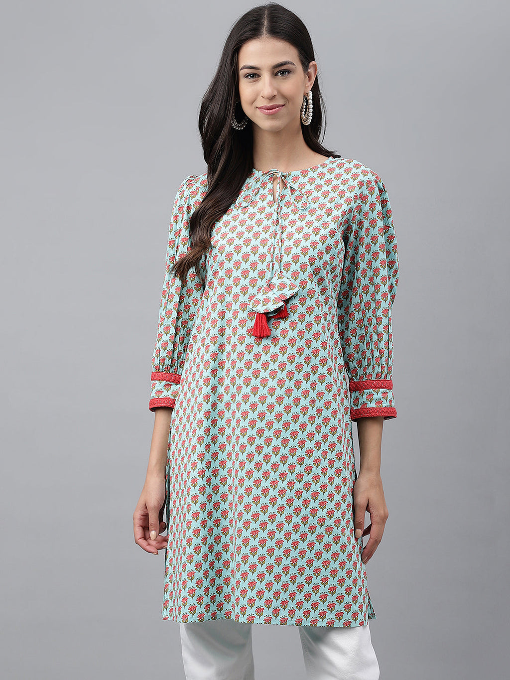 Indian Clothing Janasya Women's Light Green Cotton Floral Printed Casual Regular Tunic | Grocsy