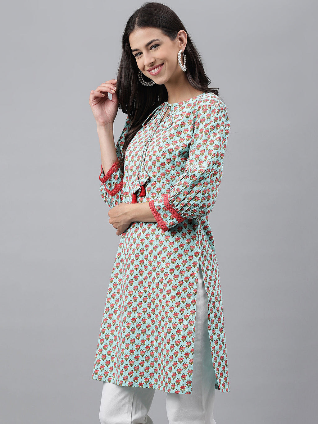 Indian Clothing Janasya Women's Light Green Cotton Floral Printed Casual Regular Tunic | Grocsy