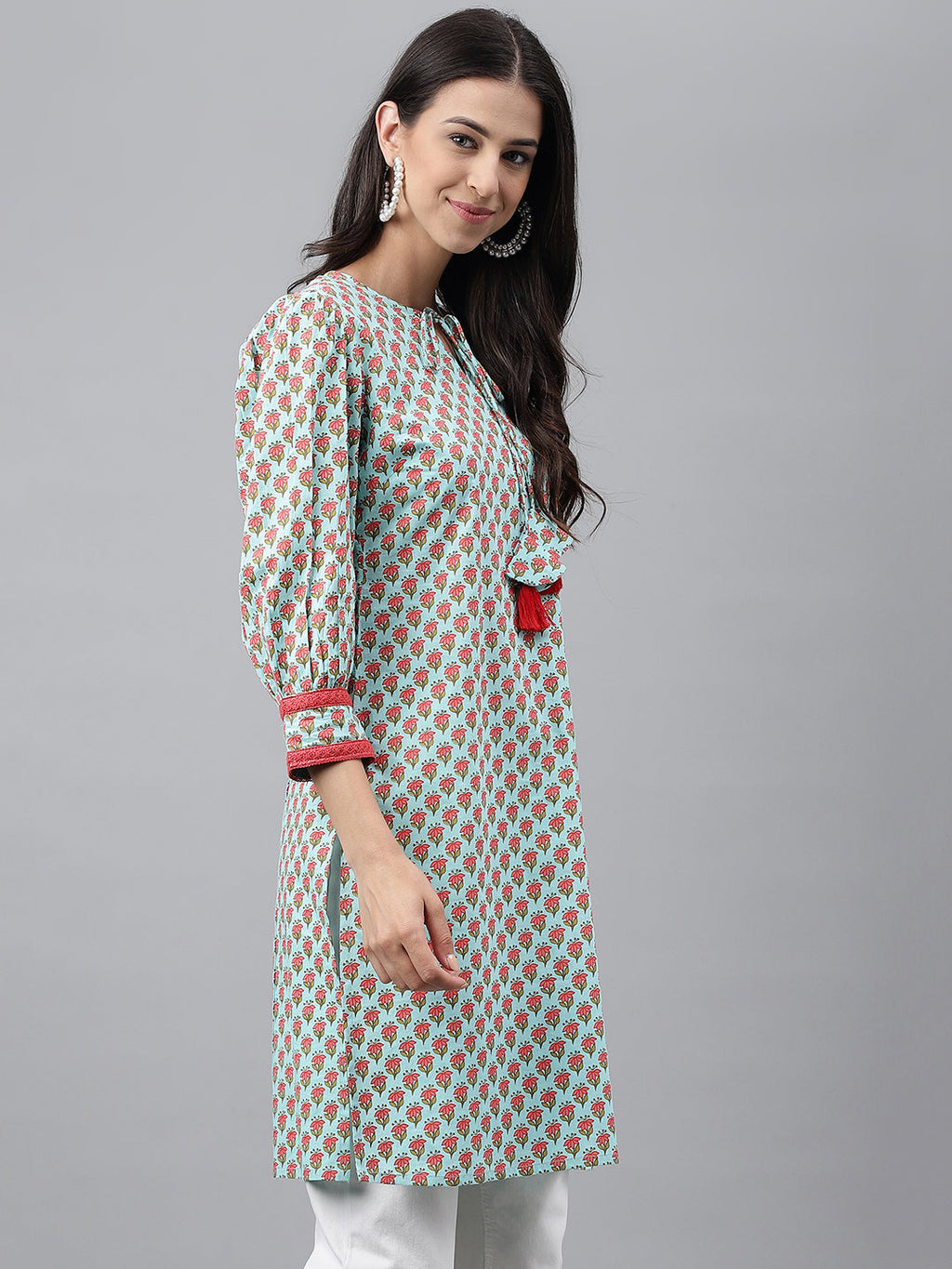 Indian Clothing Janasya Women's Light Green Cotton Floral Printed Casual Regular Tunic | Grocsy