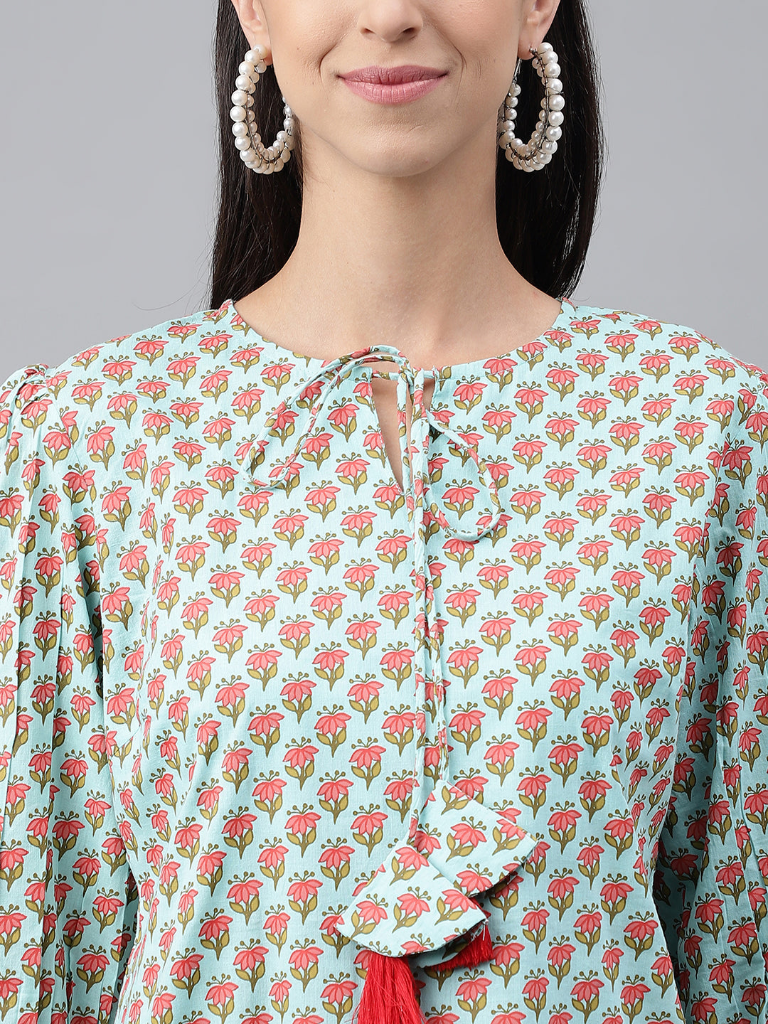 Indian Clothing Janasya Women's Light Green Cotton Floral Printed Casual Regular Tunic | Grocsy