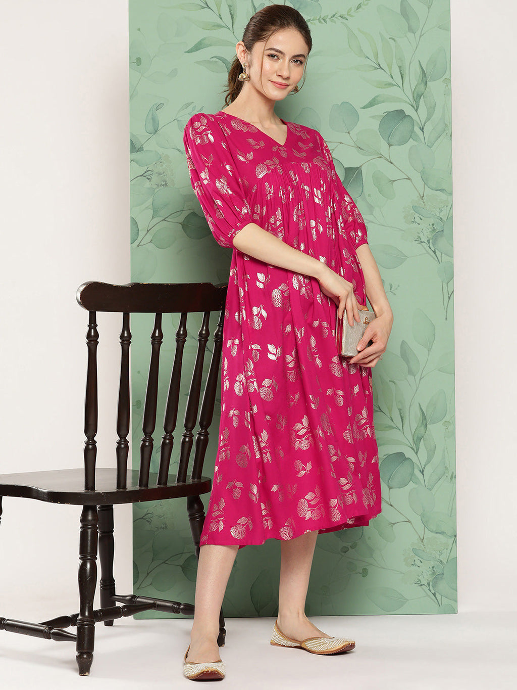 Janasya Women's Pink Rayon Foil Printed Festive Gathered Kurta | Grocsy