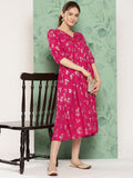 Janasya Women's Pink Rayon Foil Printed Festive Gathered Kurta | Grocsy