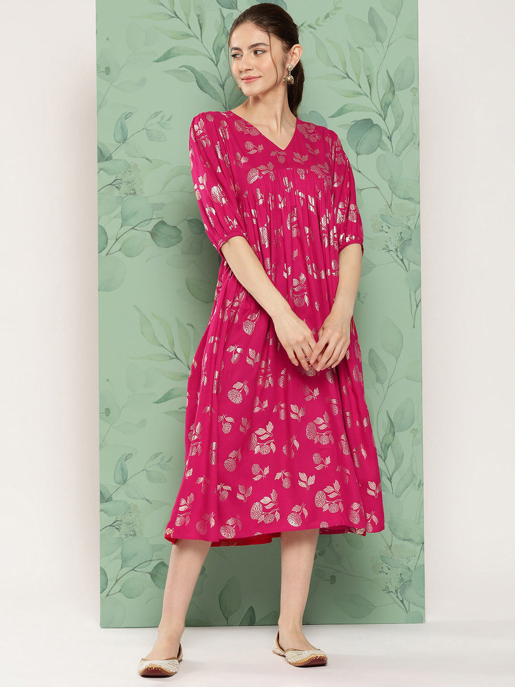 Janasya Women's Pink Rayon Foil Printed Festive Gathered Kurta | Grocsy