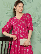 Janasya Women's Pink Rayon Foil Printed Festive Gathered Kurta | Grocsy
