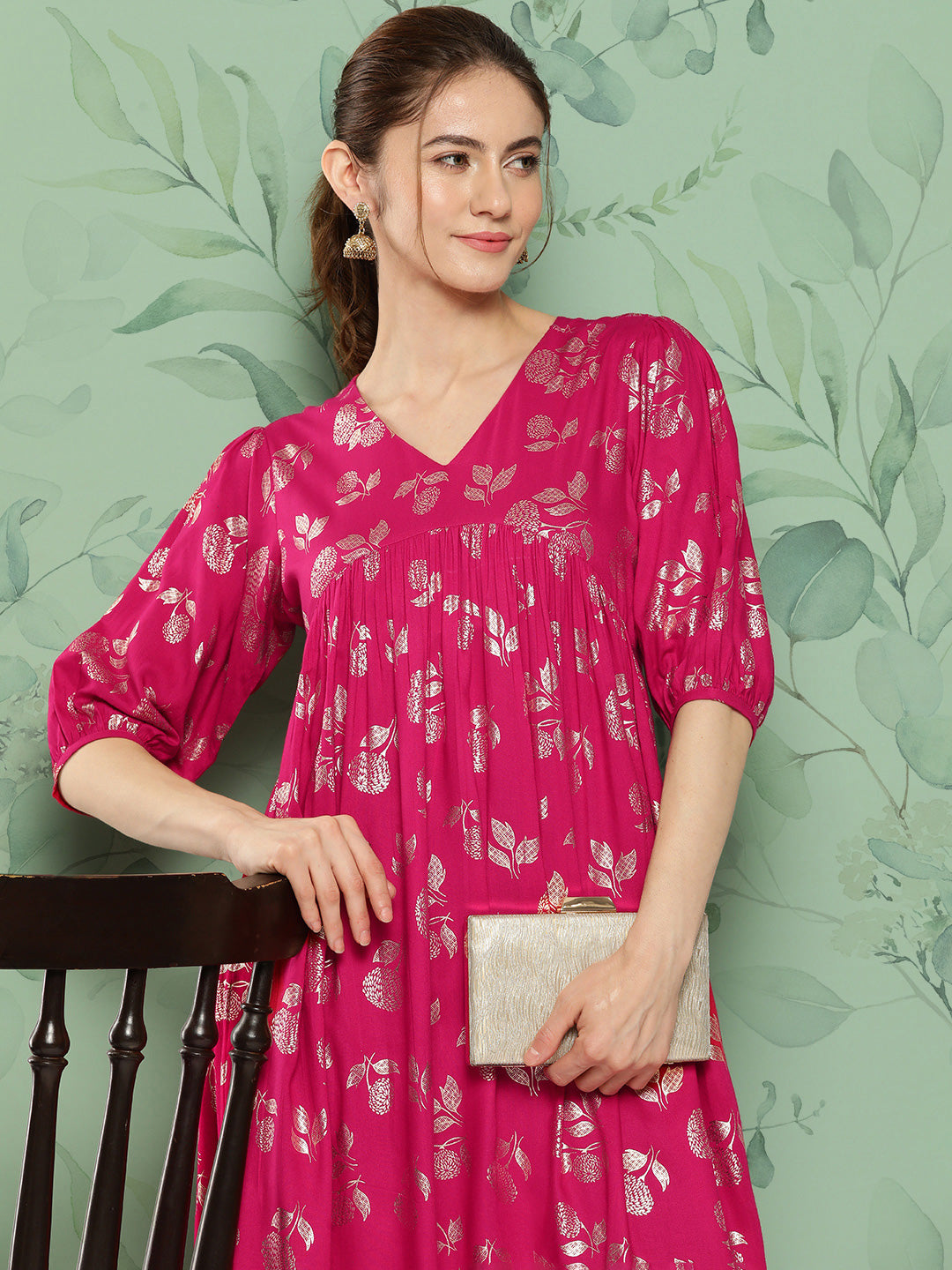 Janasya Women's Pink Rayon Foil Printed Festive Gathered Kurta | Grocsy