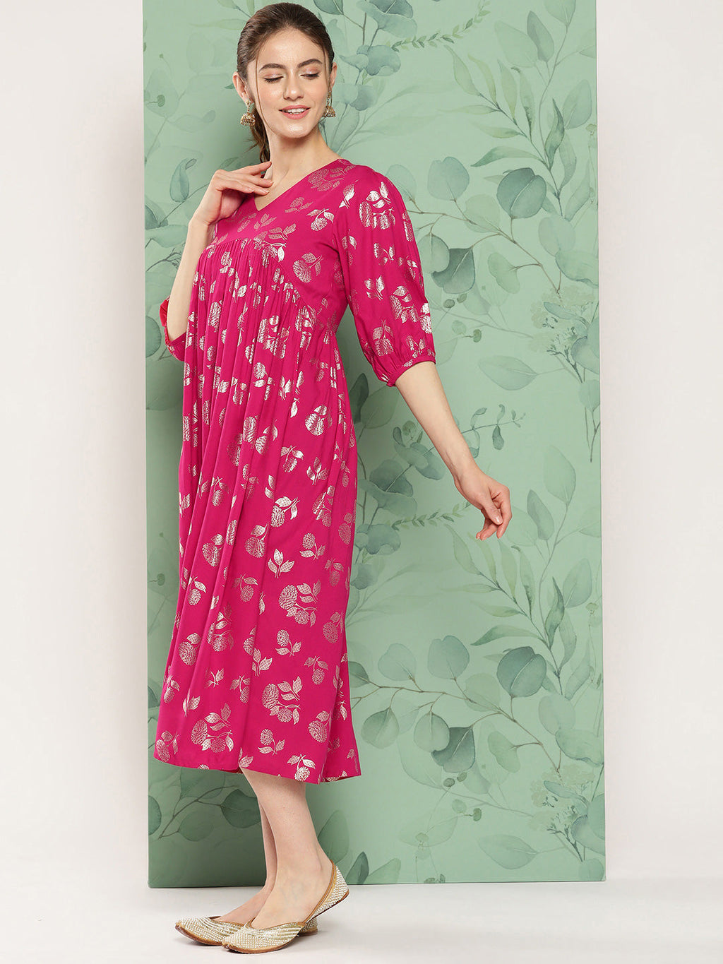 Janasya Women's Pink Rayon Foil Printed Festive Gathered Kurta | Grocsy