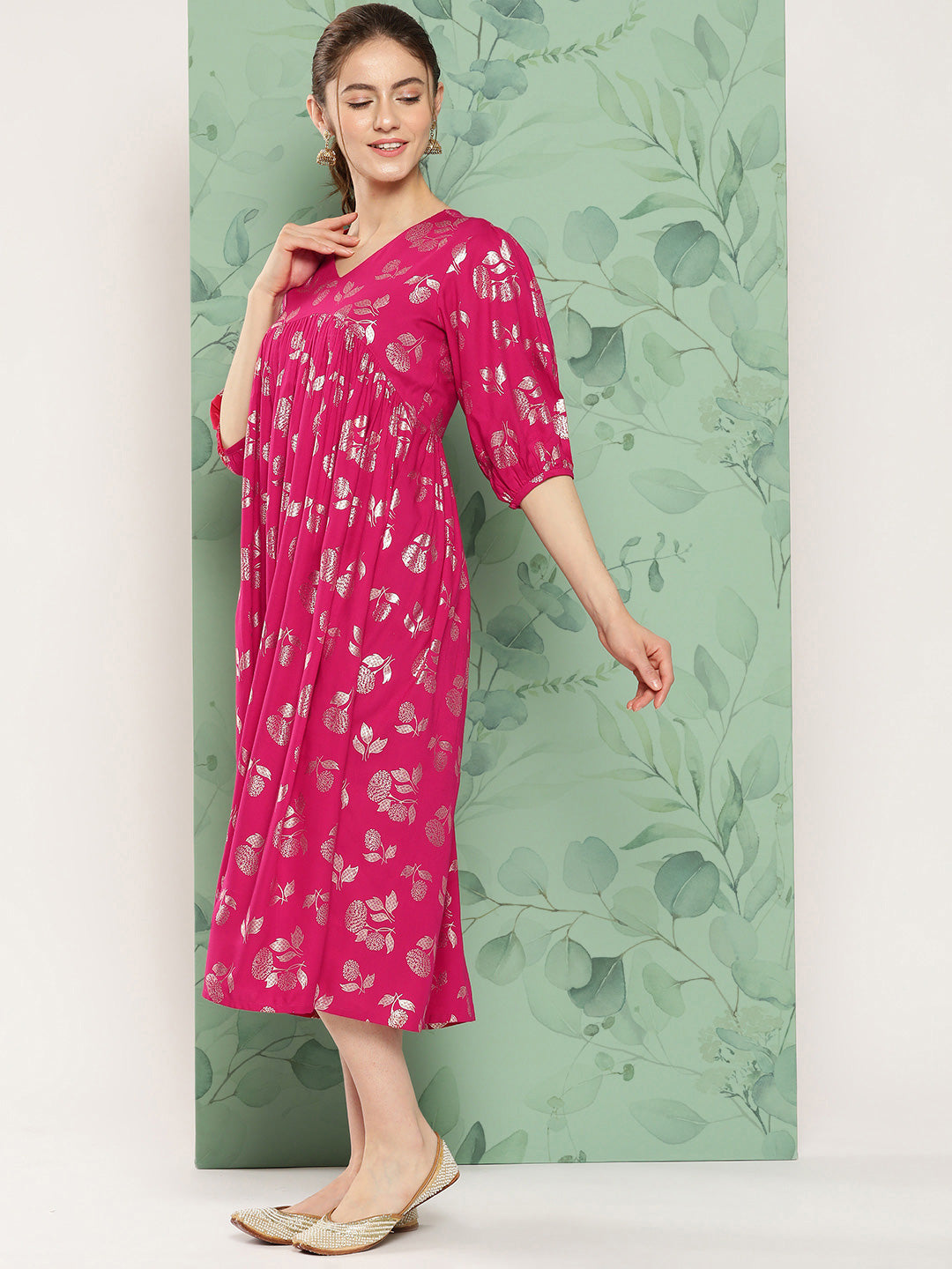 Janasya Women's Pink Rayon Foil Printed Festive Gathered Kurta | Grocsy