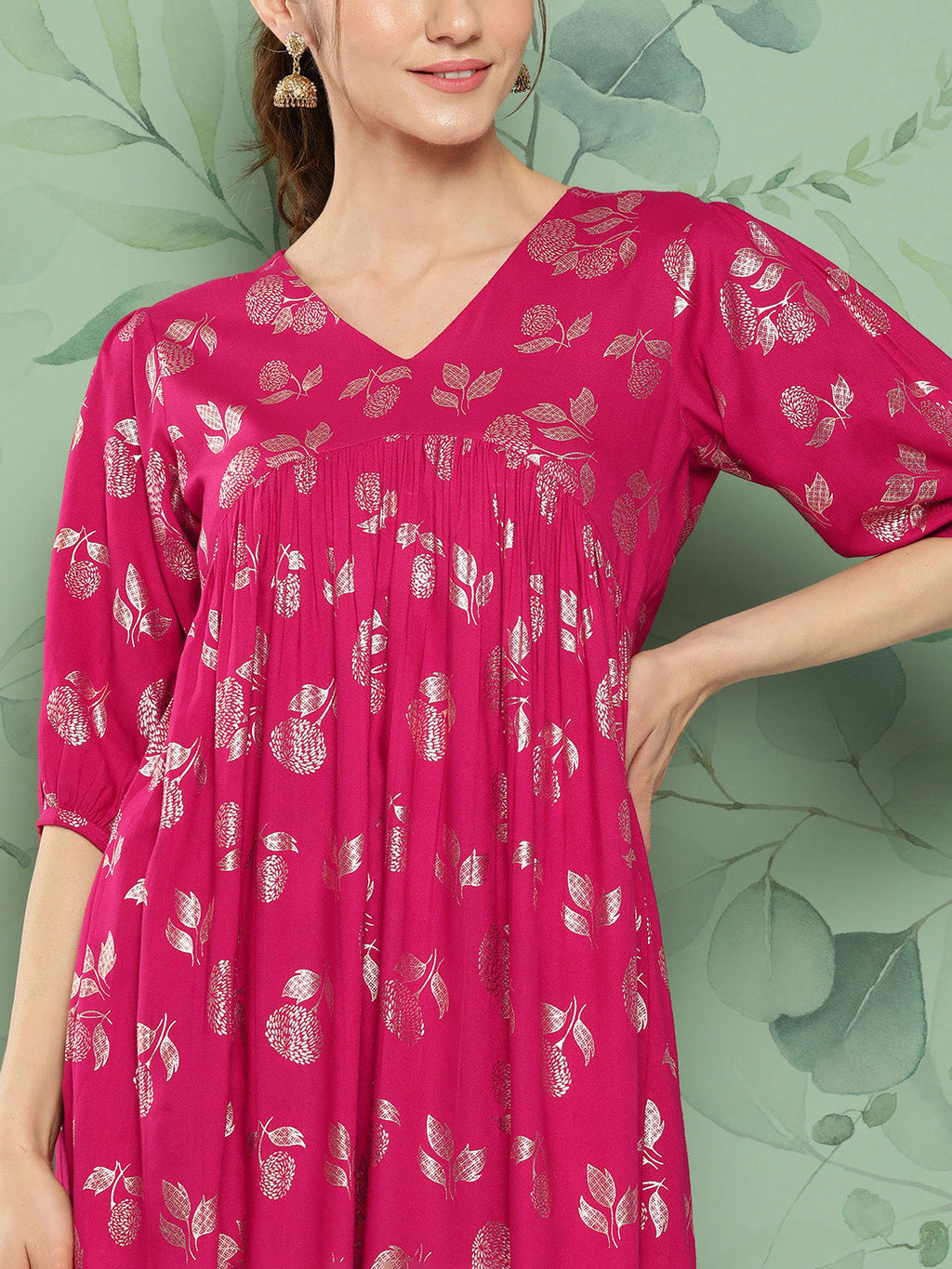Janasya Women's Pink Rayon Foil Printed Festive Gathered Kurta | Grocsy