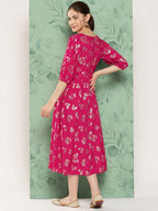 Janasya Women's Pink Rayon Foil Printed Festive Gathered Kurta | Grocsy