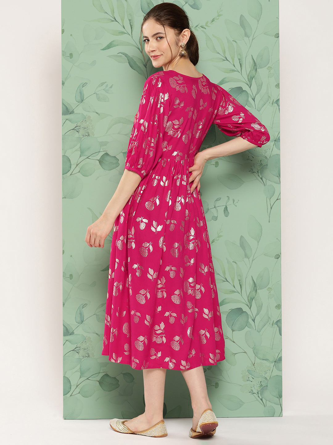 Janasya Women's Pink Rayon Foil Printed Festive Gathered Kurta | Grocsy
