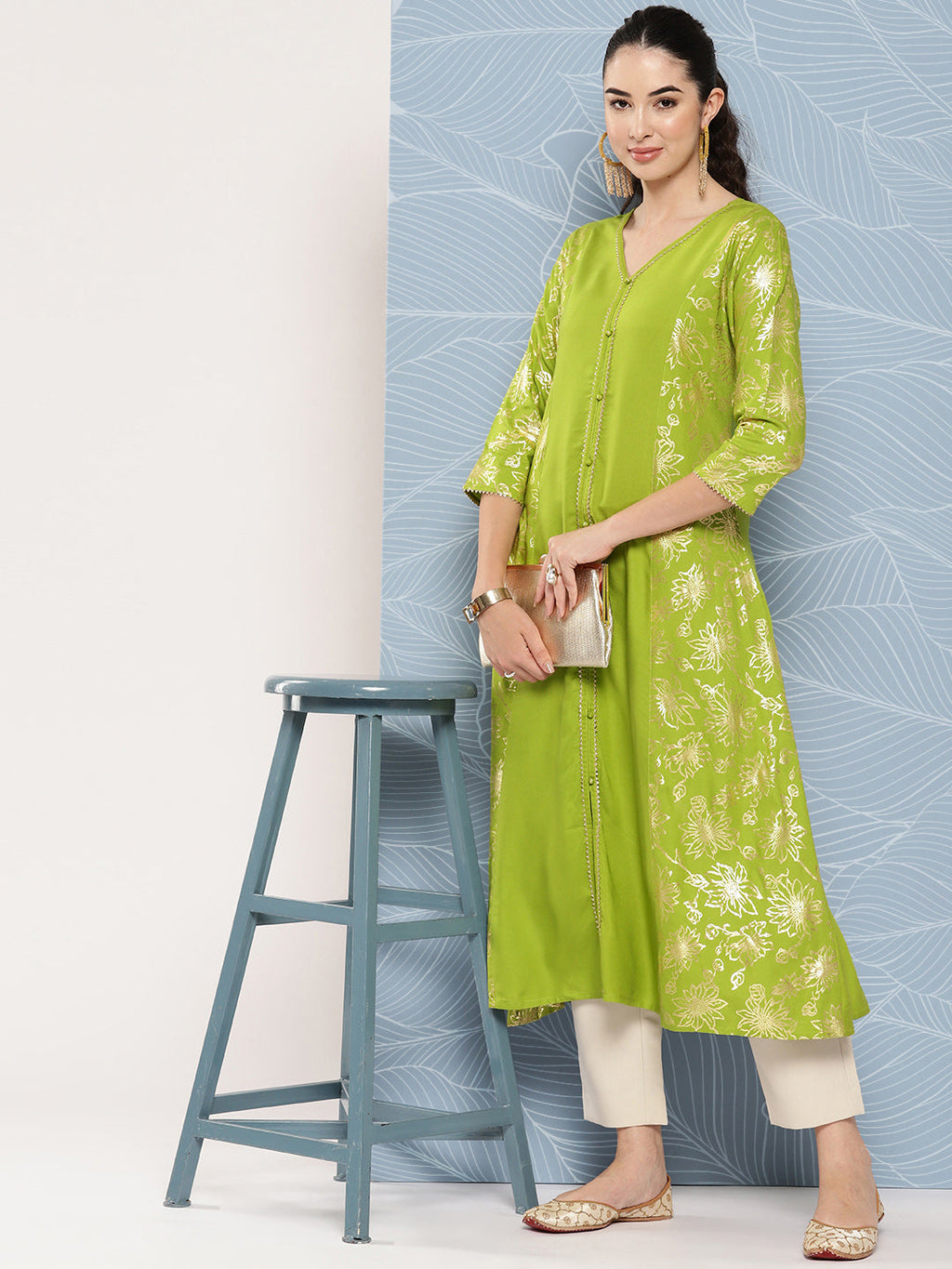 Janasya Women's Lime Green Rayon Foil Printed Festive A-Line Kurta | Grocsy