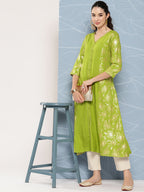 Janasya Women's Lime Green Rayon Foil Printed Festive A-Line Kurta | Grocsy