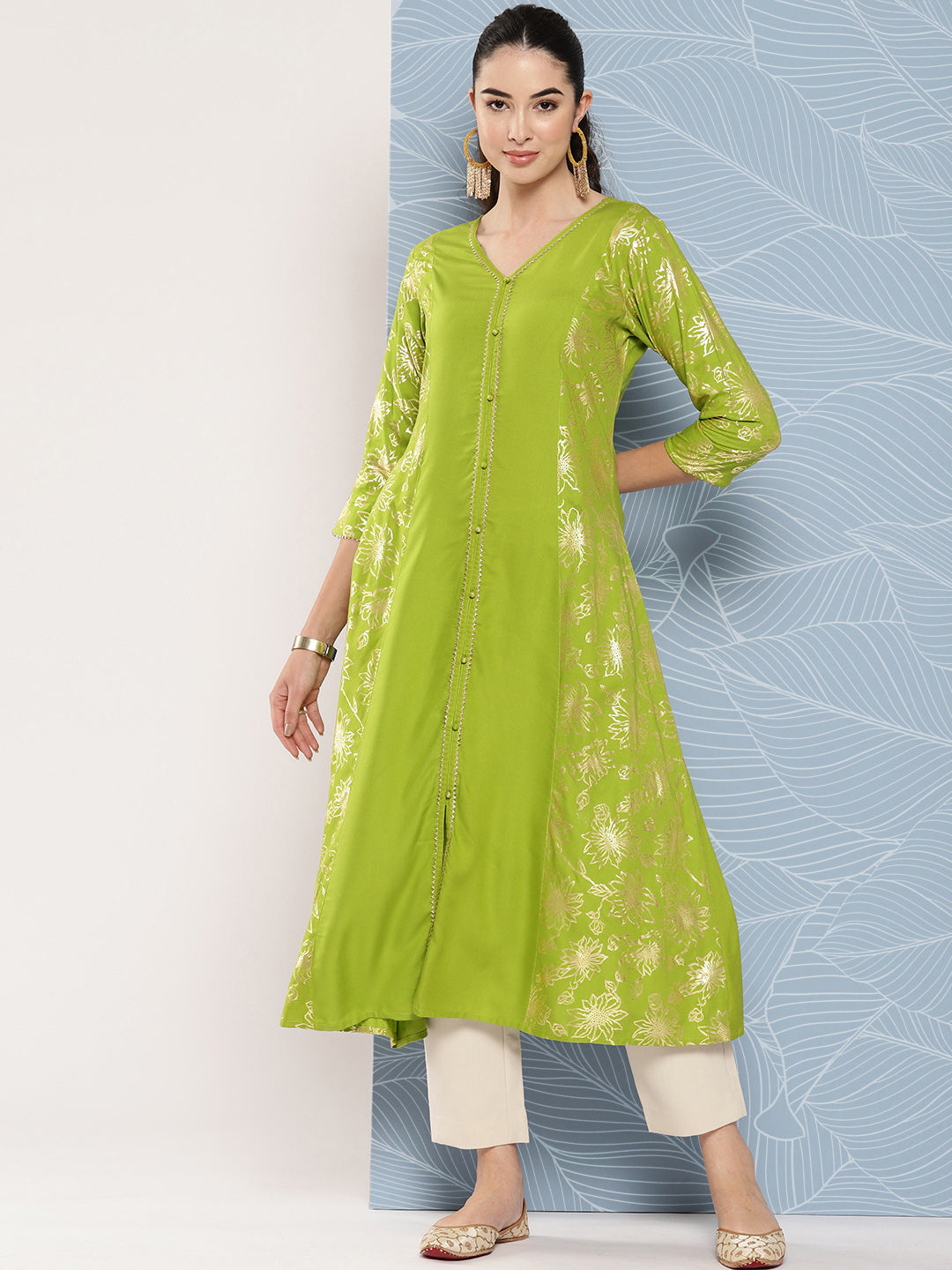 Janasya Women's Lime Green Rayon Foil Printed Festive A-Line Kurta | Grocsy