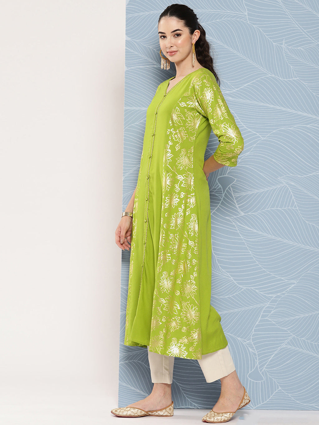 Janasya Women's Lime Green Rayon Foil Printed Festive A-Line Kurta | Grocsy