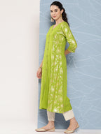 Janasya Women's Lime Green Rayon Foil Printed Festive A-Line Kurta | Grocsy