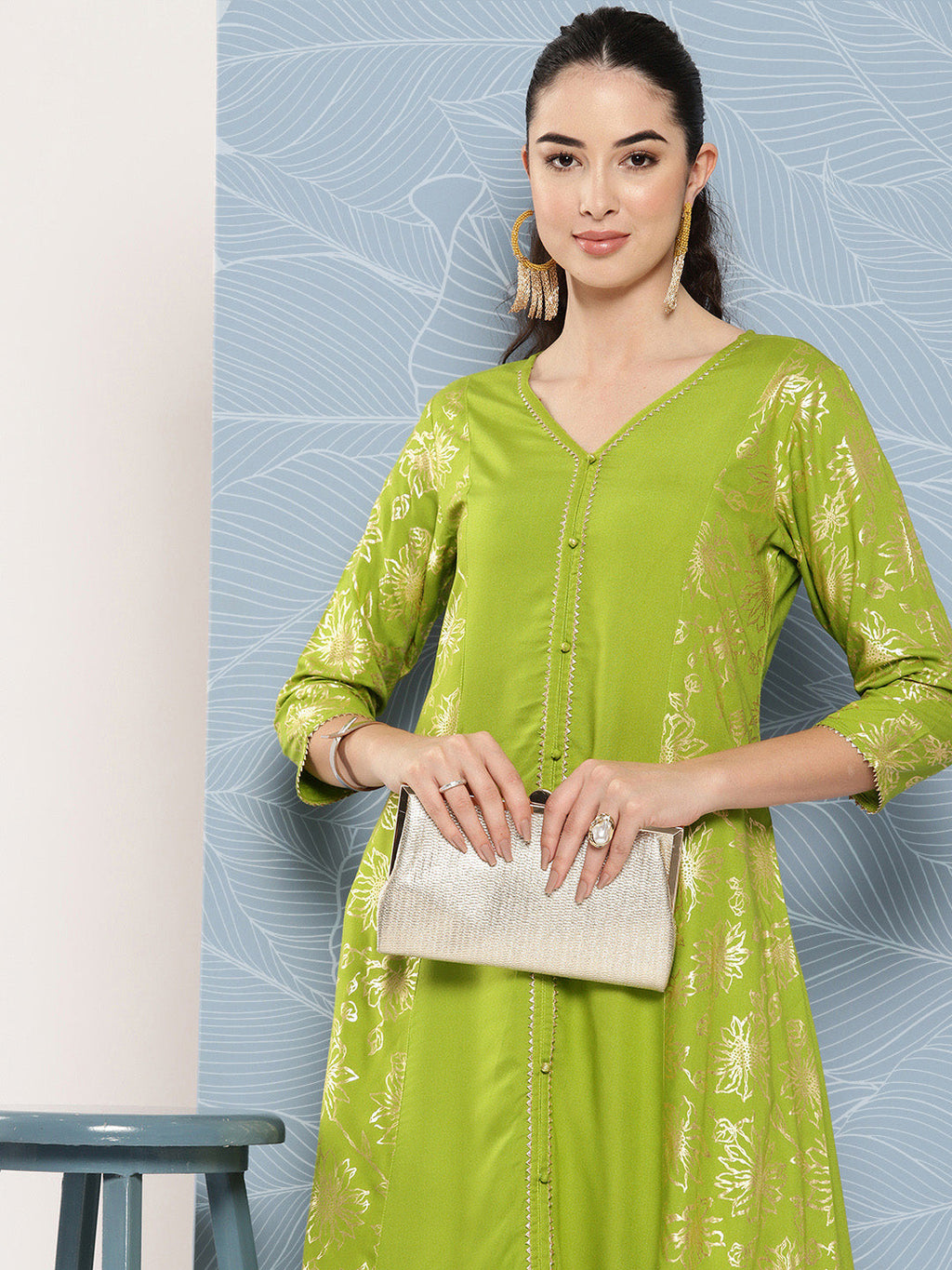 Janasya Women's Lime Green Rayon Foil Printed Festive A-Line Kurta | Grocsy