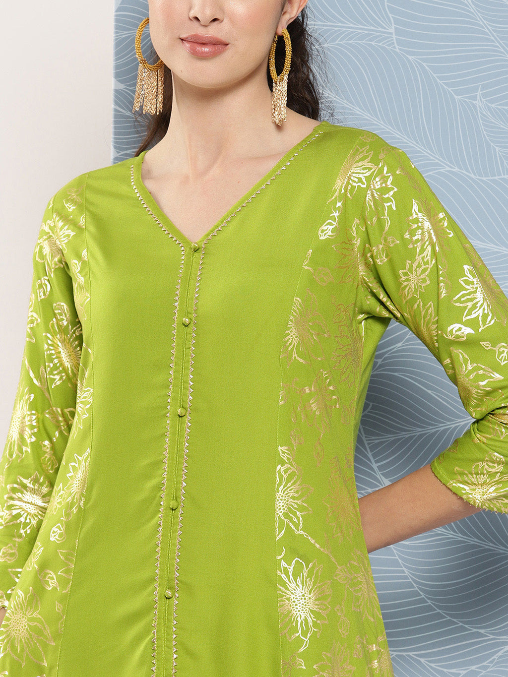 Janasya Women's Lime Green Rayon Foil Printed Festive A-Line Kurta | Grocsy