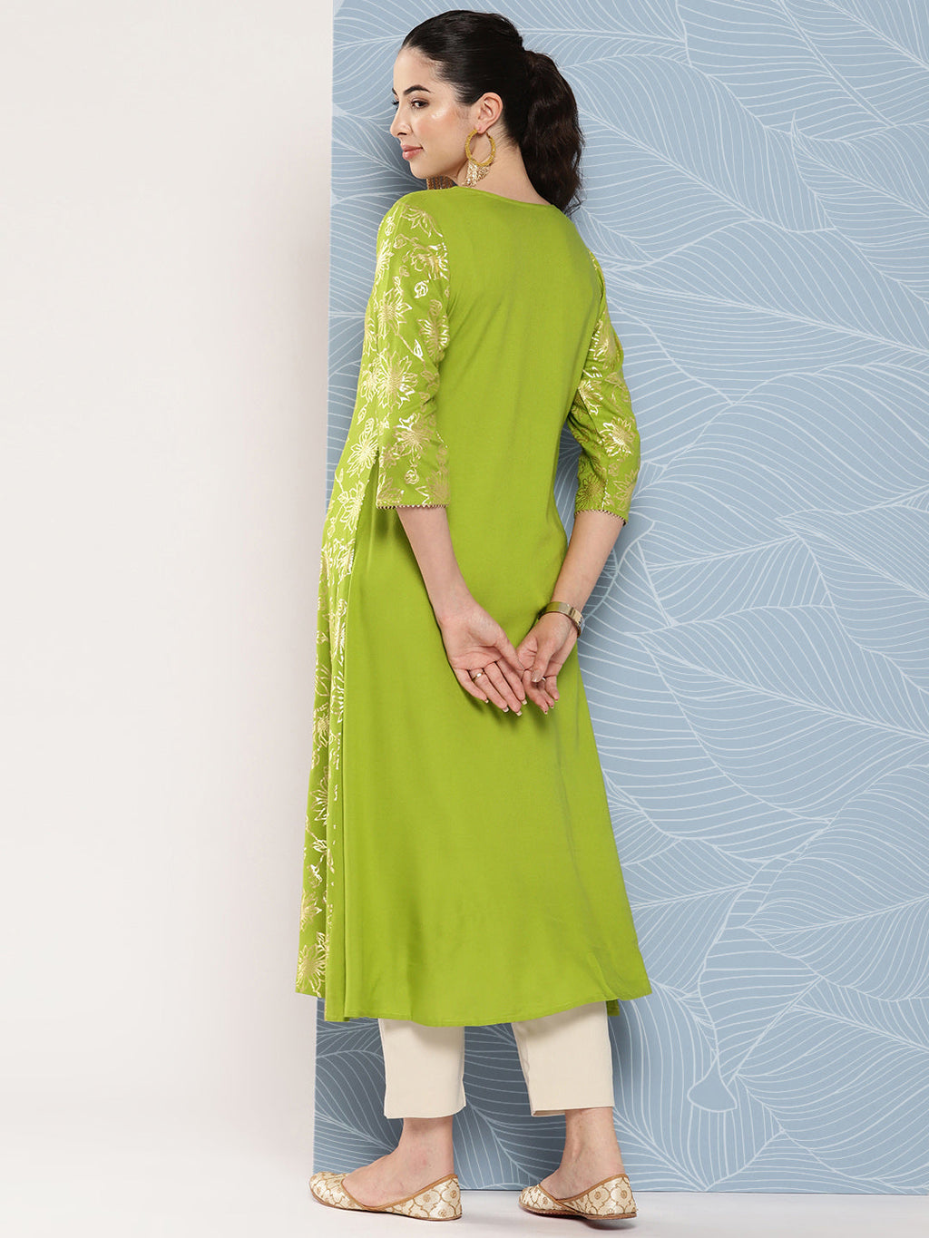 Janasya Women's Lime Green Rayon Foil Printed Festive A-Line Kurta | Grocsy