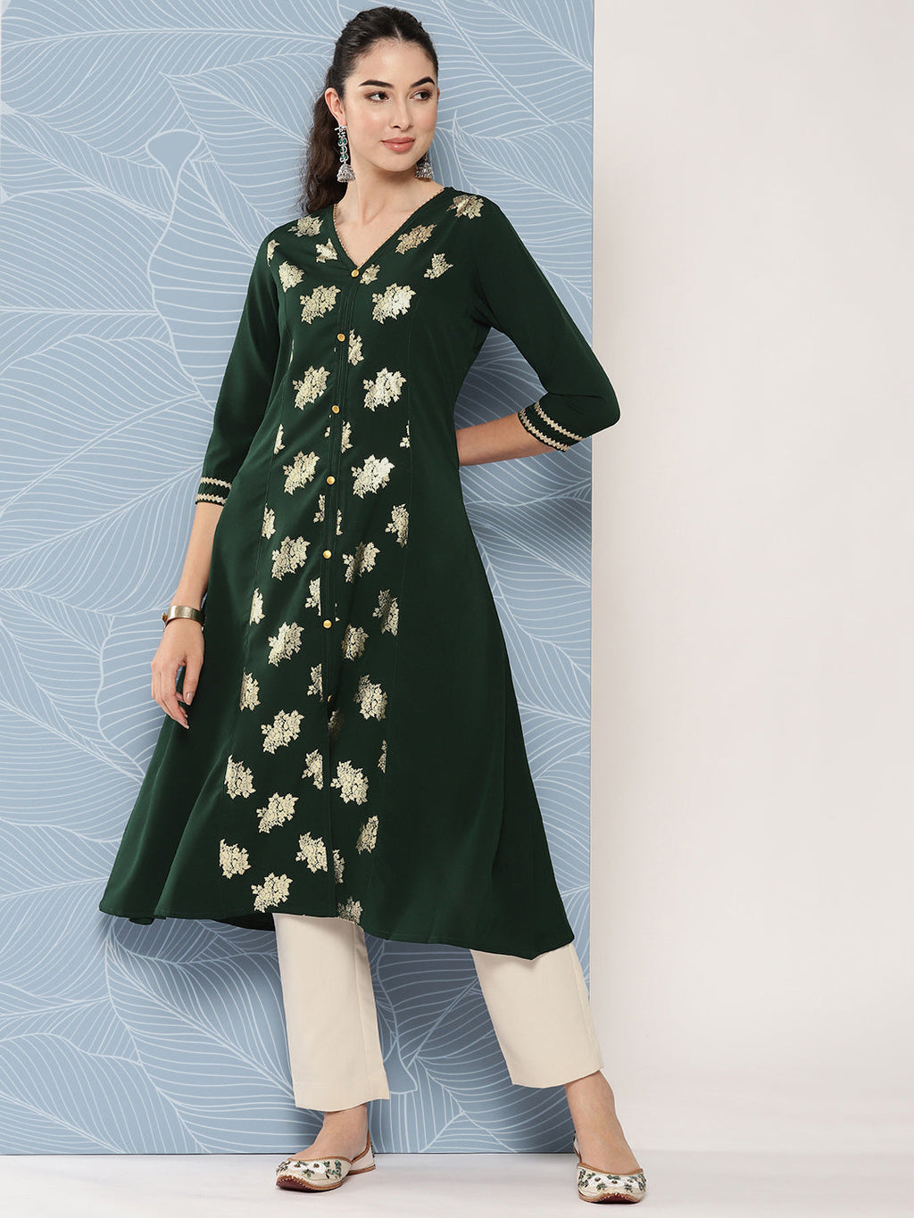 Janasya Women's Bottle Green Crepe Foil Printed Festive A-Line Kurta | Grocsy