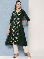 Janasya Women's Bottle Green Crepe Foil Printed Festive A-Line Kurta | Grocsy