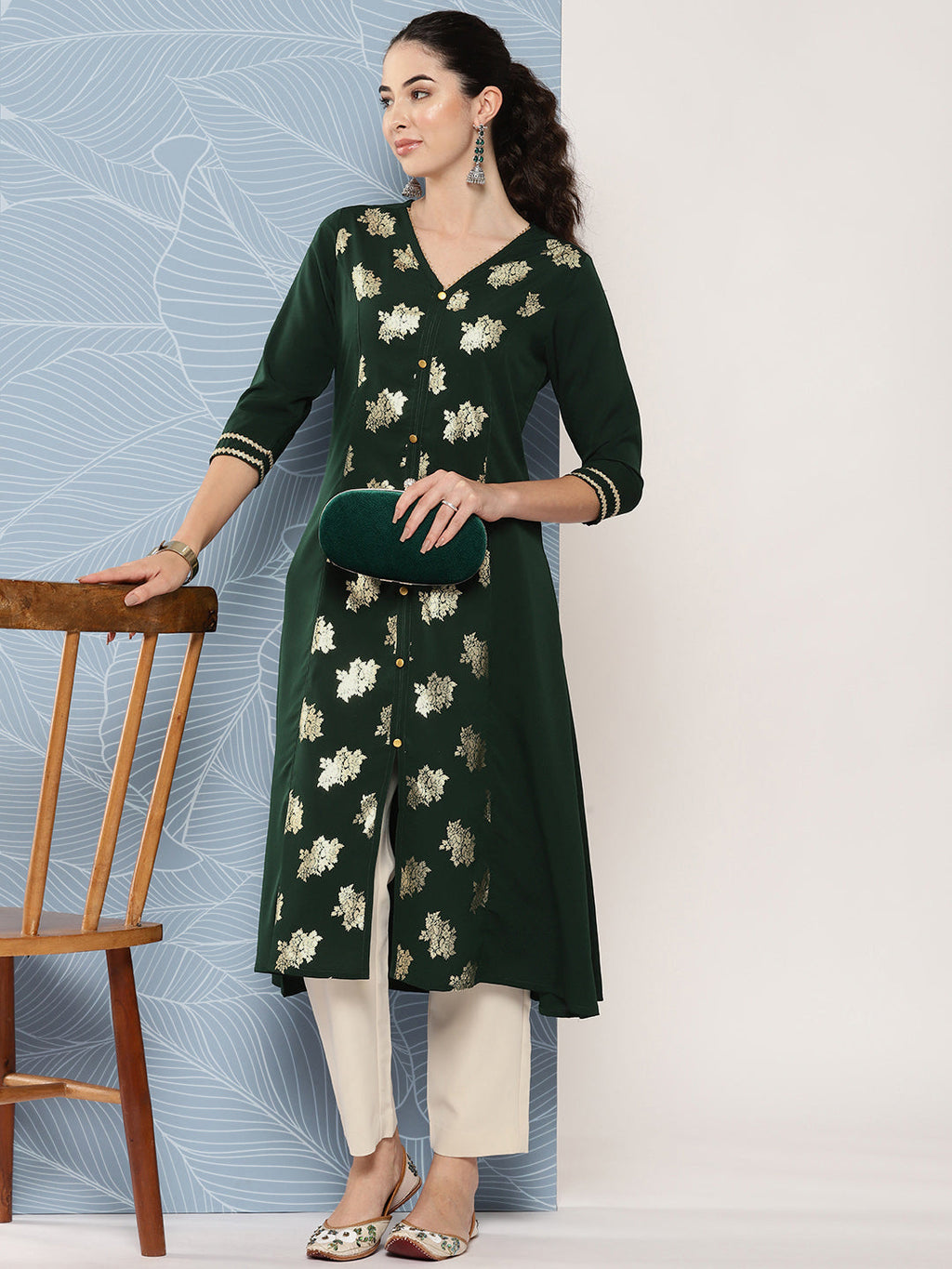 Janasya Women's Bottle Green Crepe Foil Printed Festive A-Line Kurta | Grocsy