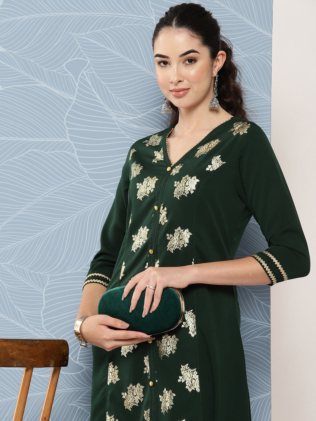 Janasya Women's Bottle Green Crepe Foil Printed Festive A-Line Kurta | Grocsy