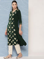 Janasya Women's Bottle Green Crepe Foil Printed Festive A-Line Kurta | Grocsy
