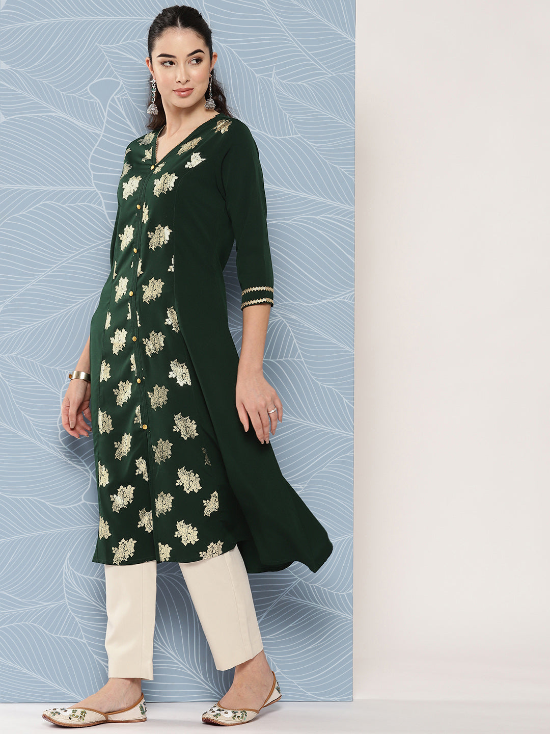 Janasya Women's Bottle Green Crepe Foil Printed Festive A-Line Kurta | Grocsy
