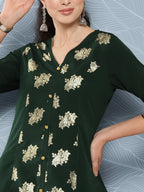 Janasya Women's Bottle Green Crepe Foil Printed Festive A-Line Kurta | Grocsy