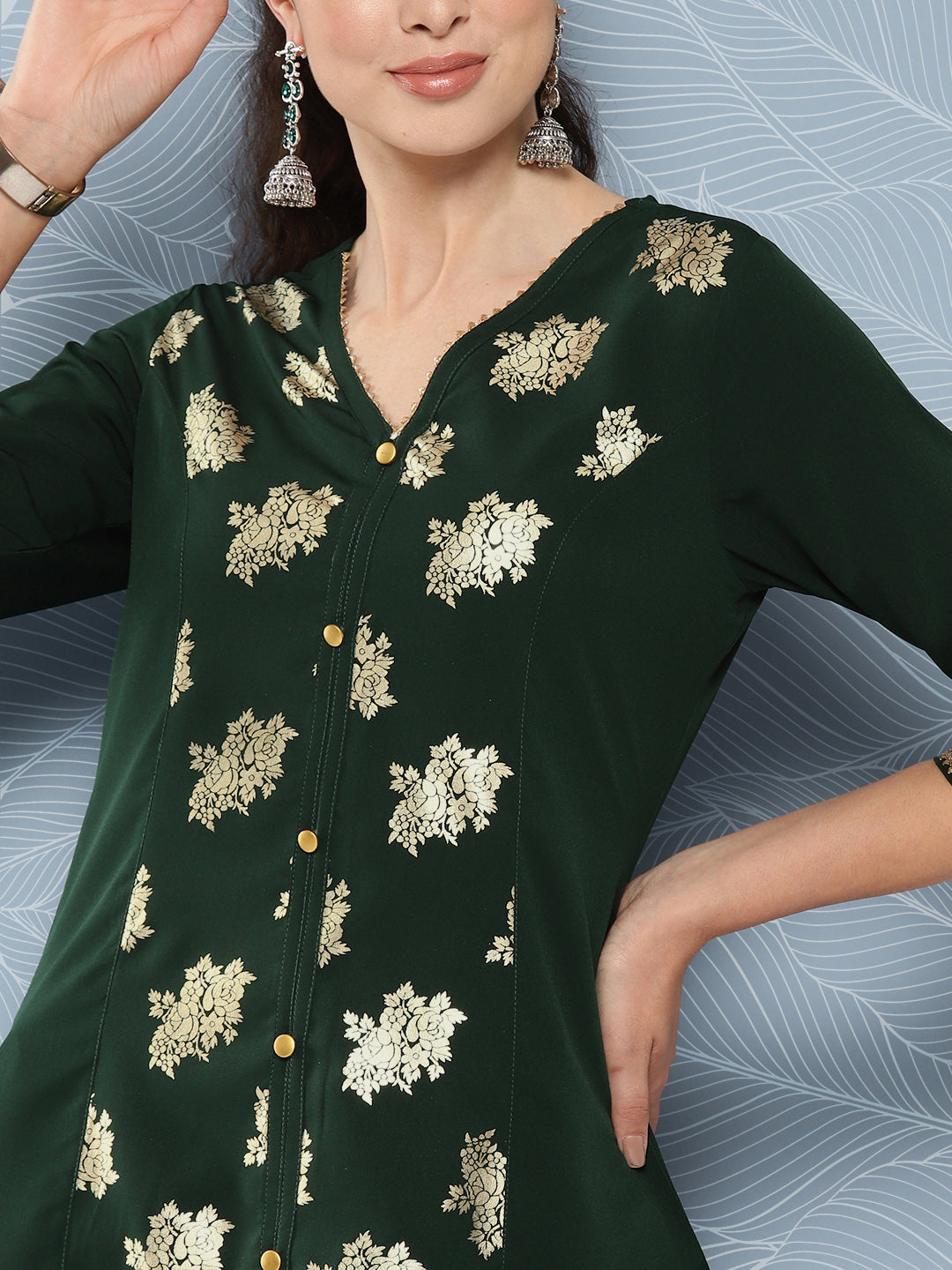 Janasya Women's Bottle Green Crepe Foil Printed Festive A-Line Kurta | Grocsy