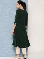 Janasya Women's Bottle Green Crepe Foil Printed Festive A-Line Kurta | Grocsy