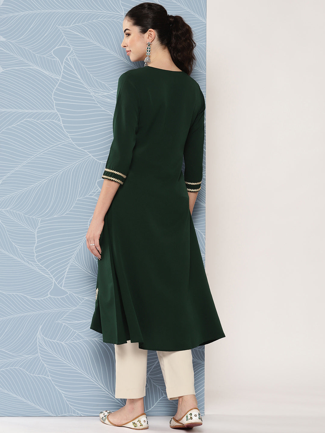 Janasya Women's Bottle Green Crepe Foil Printed Festive A-Line Kurta | Grocsy
