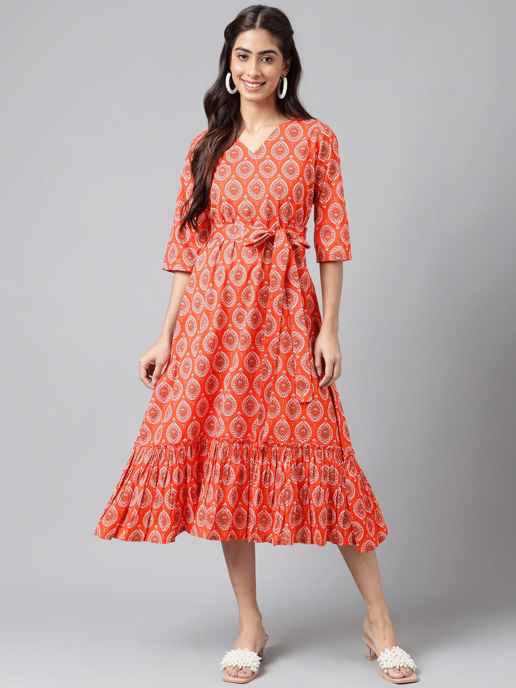 Janasya Women's Orange Cotton Ethnic Motifs Printed Ruffled Casual Dress | Grocsy