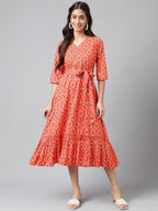 Janasya Women's Orange Cotton Ethnic Motifs Printed Ruffled Casual Dress | Grocsy